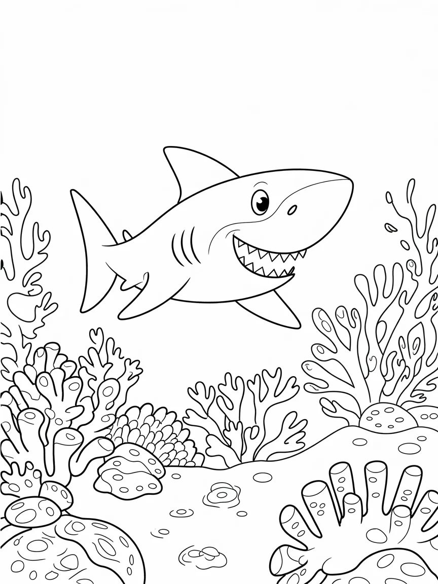 lineart of a cartoon shark playing hide
