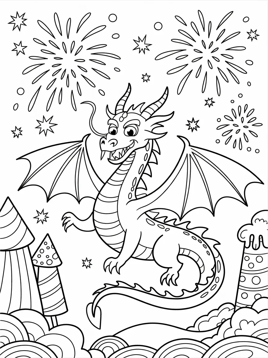 lineart of a dragon surrounded by