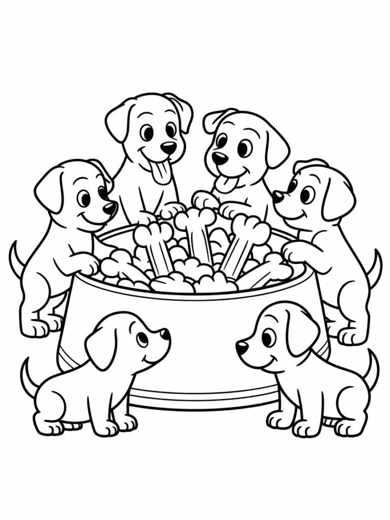 lineart of a group of puppies sharing a cdWT5fXXRQ2zxs4 Td3sAQ xrb2b2qxRPWw1Txc84Prbg