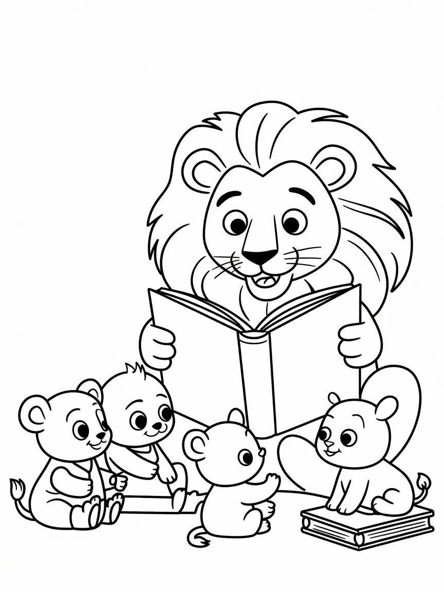 lineart of a librarian lion reading