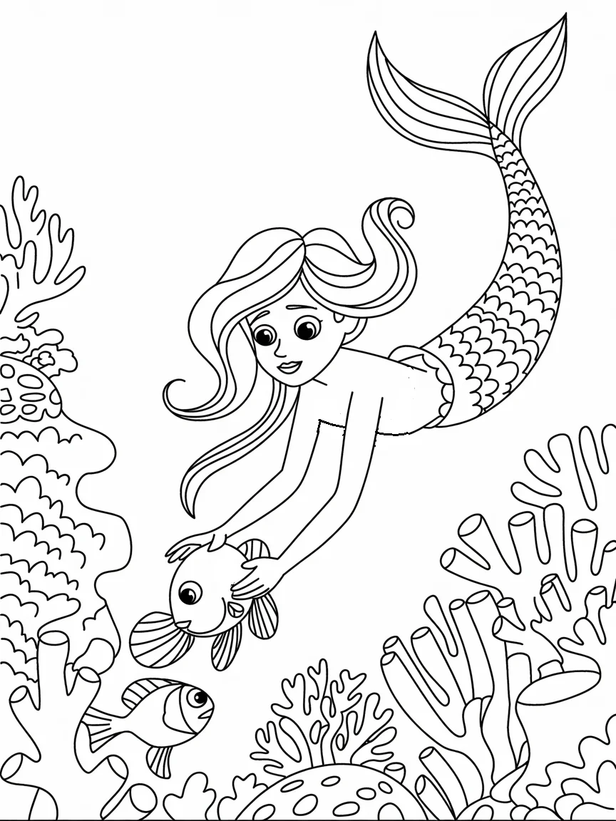 lineart of a mermaid helping fish stuck