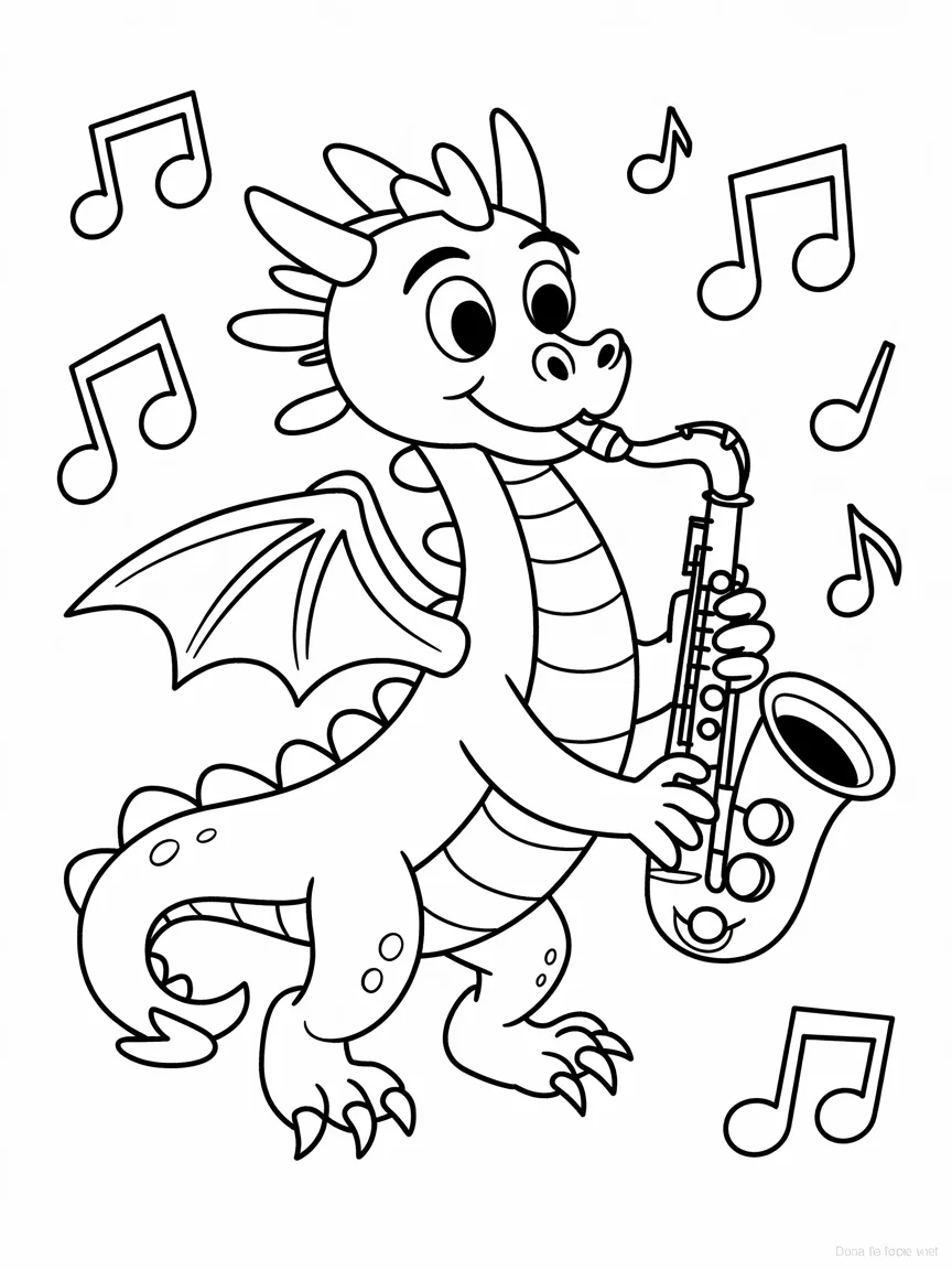 lineart of a musical dragon playing a
