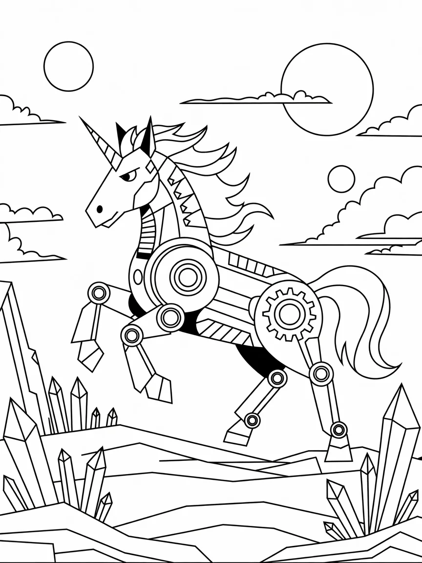 lineart of a robotic unicorn with gears
