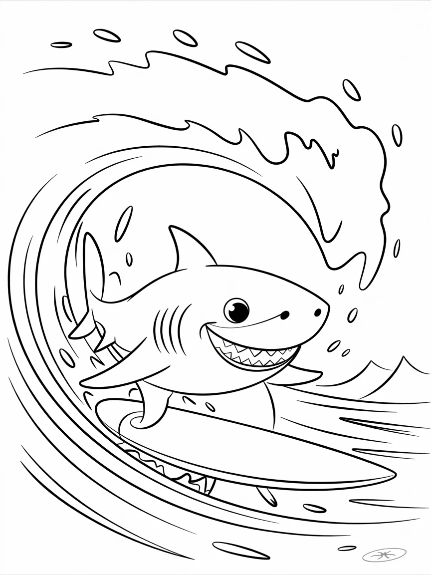 lineart of a shark surfing a big wave