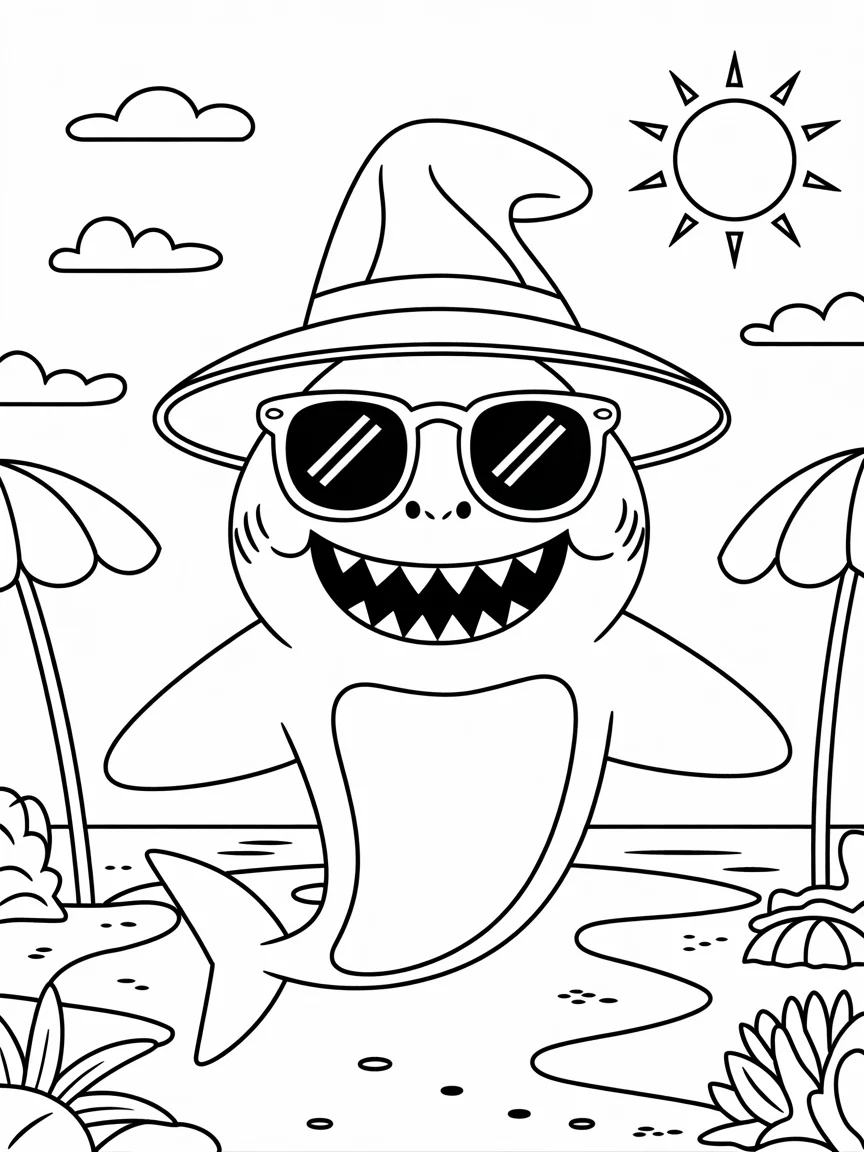 lineart of a shark wearing a funny hat