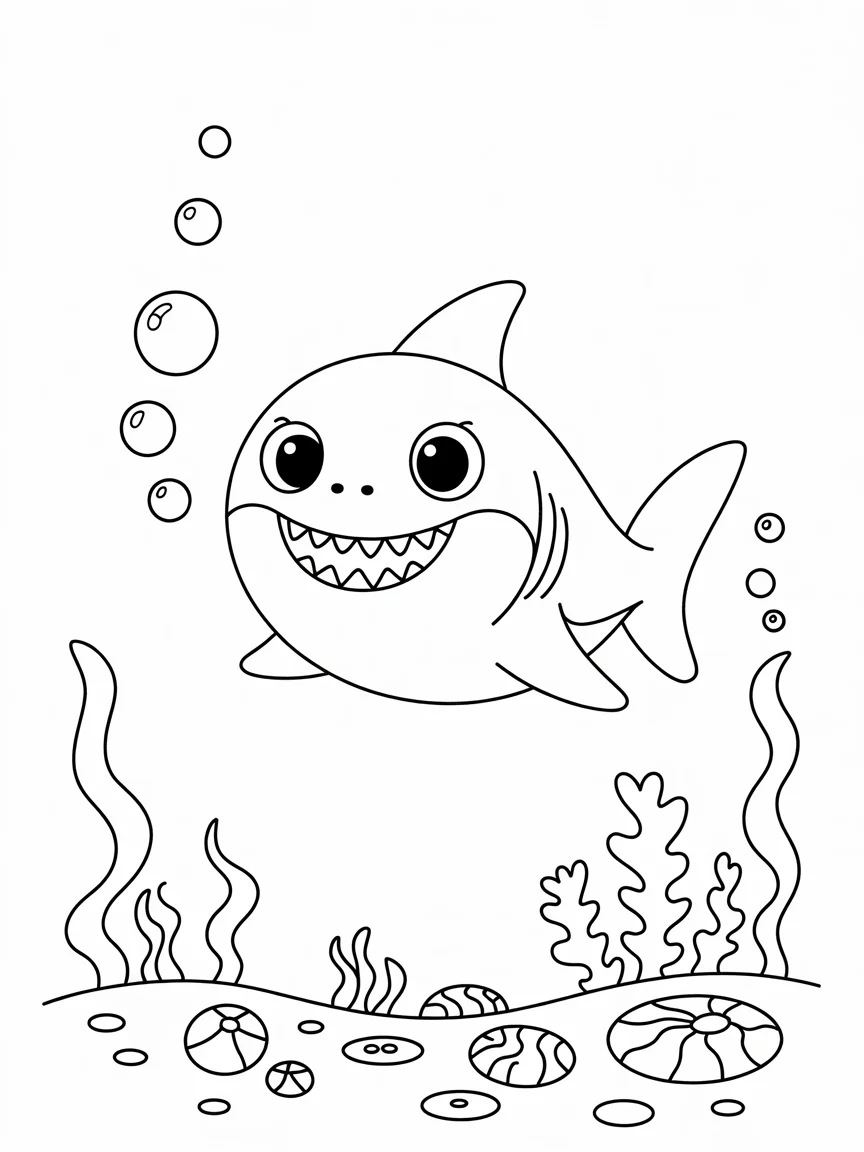lineart of a smiling baby shark blowing 34js 2t1QW