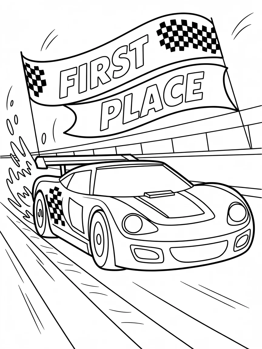 A race car finishes in first place coloring page
