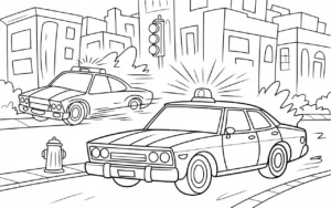 Police cars driving fast coloring page
