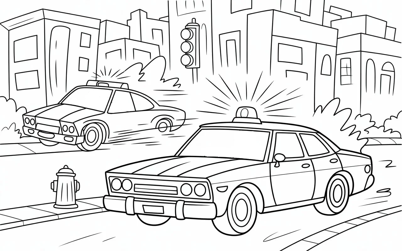 Police cars driving fast coloring page