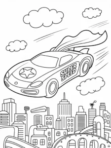 a coloring page of a cartoon car flying through the air