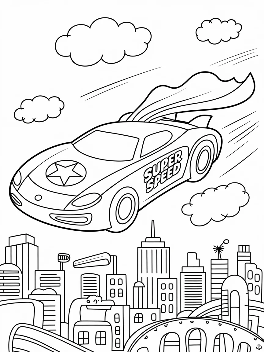 a coloring page of a cartoon car flying through the air